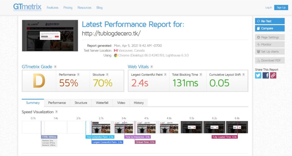 Resultados de optimización a través de GTMetrix