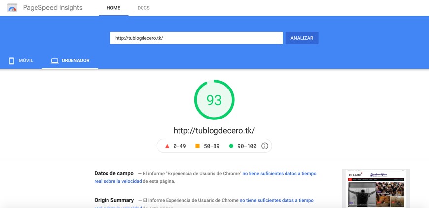 Resultados de Google Page Speed Insights